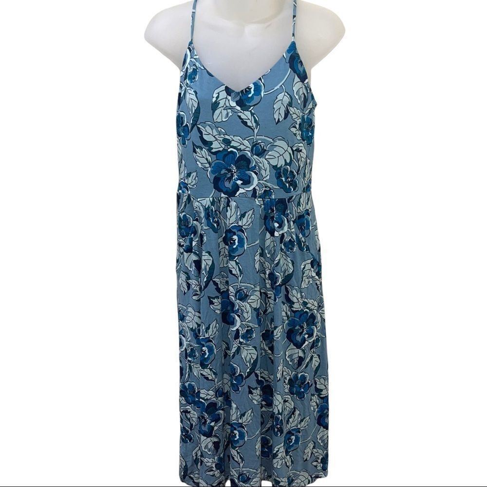 LOFT Blue Floral Spaghetti Strap Midi Dress with Pockets Size Small